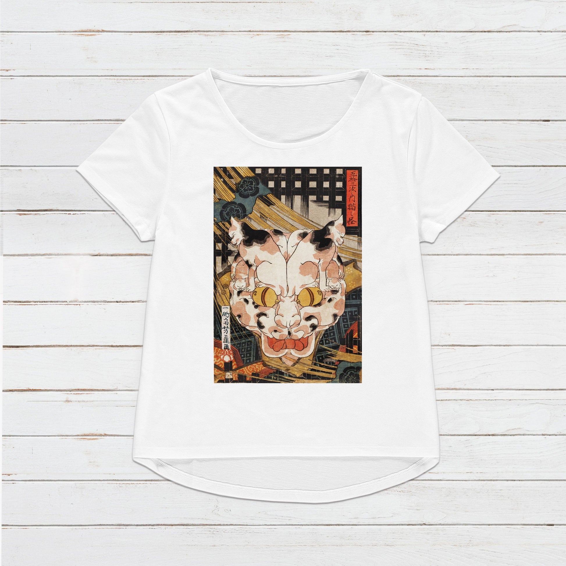 Japanese Ukiyo-e T Shirt Woodblock Art Utagawa Yoshifuji Mystery Cat Monster Ghost Yokai Horror Japan Calligraphy Womens Mens Printed Tee