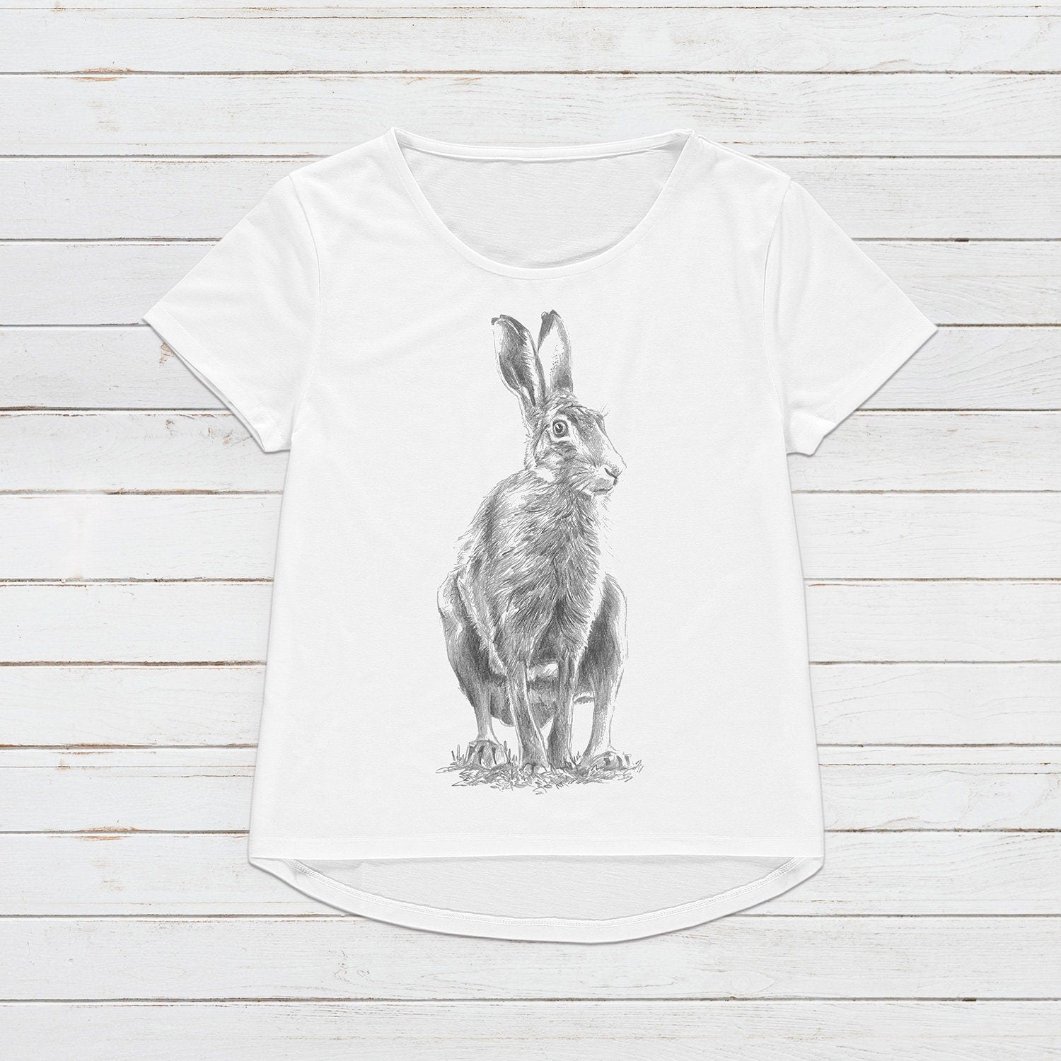 Wild Hare T Shirt Artist Pencil Sketch Drawing Animal Print Rabbit Forest Nature Cute Pretty Vegan Forest Womens Girls Graphic Printed Tee