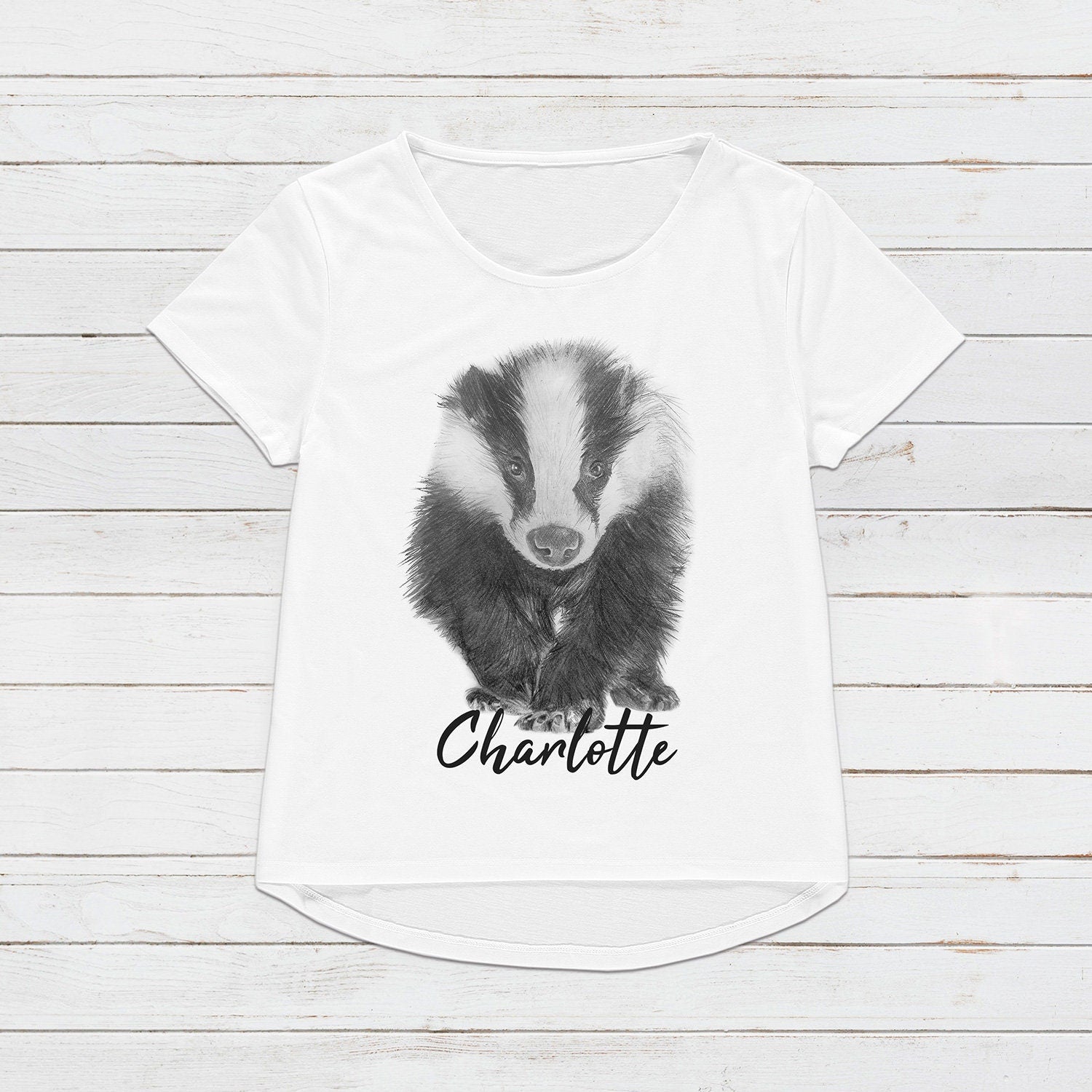 Custom Name Badger T Shirt Personalised Your Message Artist Pencil Sketch Drawing Vegan Animal Cute Forest Nature Men's Women's Printed Tee
