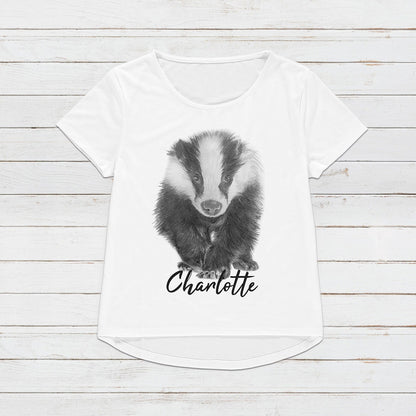Custom Name Badger T Shirt Personalised Your Message Artist Pencil Sketch Drawing Vegan Animal Cute Forest Nature Men's Women's Printed Tee