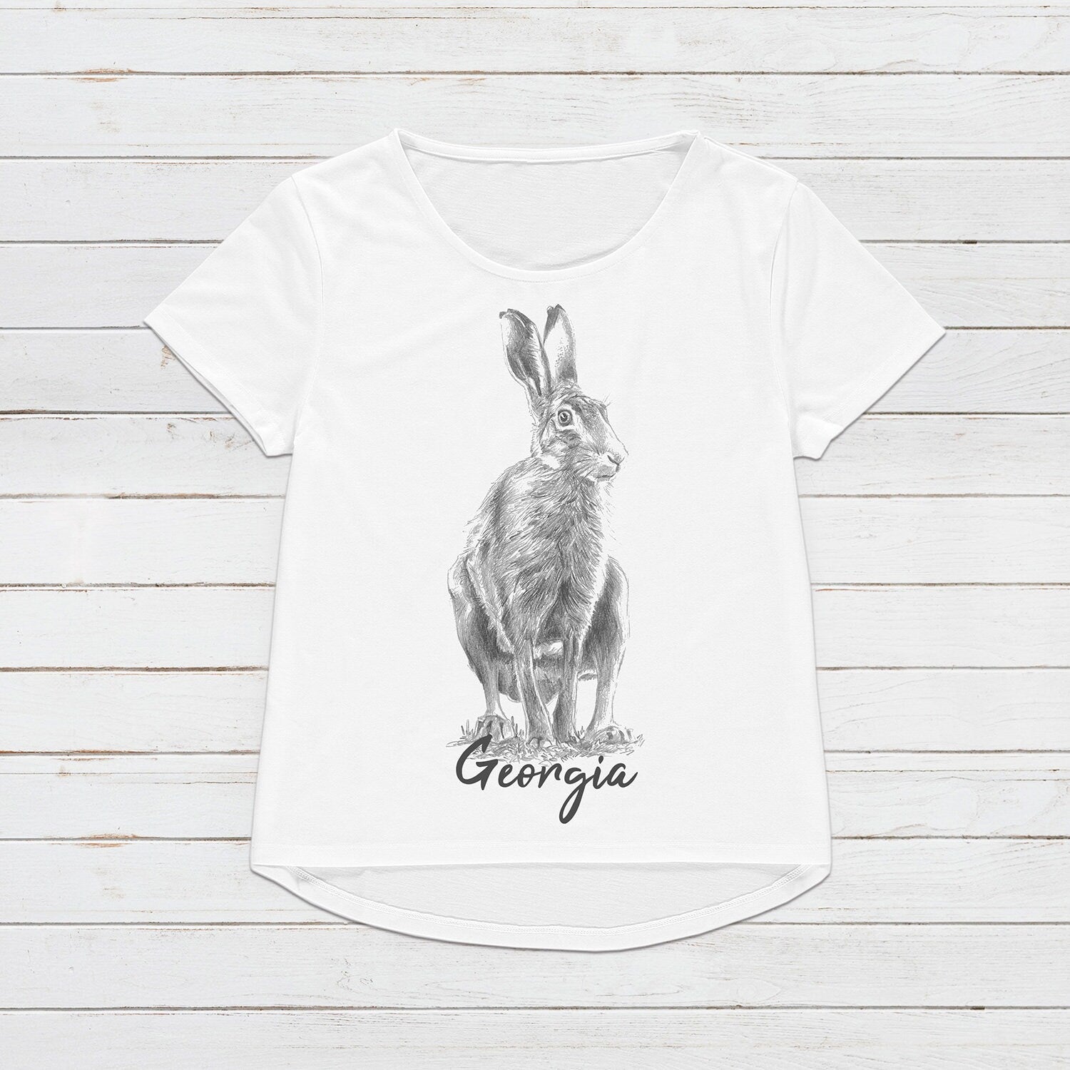 Custom Name Hare T Shirt Personalized Your Text Artist Pencil Sketch Drawing Rabbit Bunny Vegan Animal Cute Nature Men's Women's Printed Tee