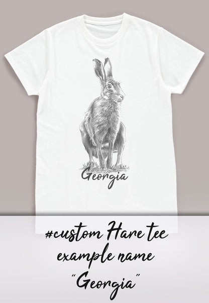 Custom Name Hare T Shirt Personalized Your Text Artist Pencil Sketch Drawing Rabbit Bunny Vegan Animal Cute Nature Men's Women's Printed Tee