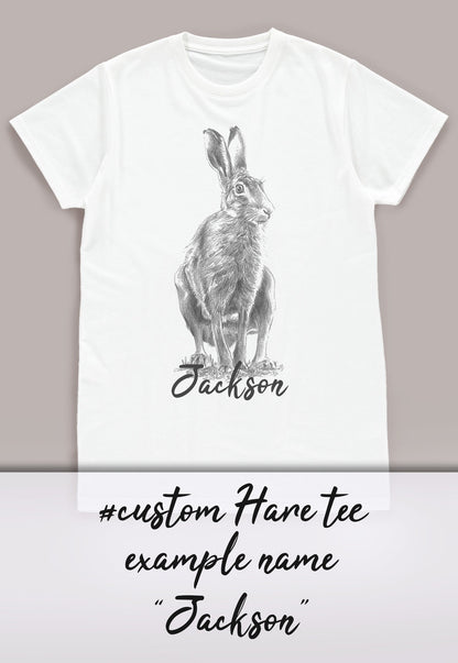 Custom Name Hare T Shirt Personalized Your Text Artist Pencil Sketch Drawing Rabbit Bunny Vegan Animal Cute Nature Men's Women's Printed Tee