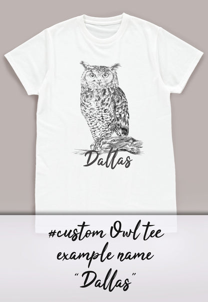 Custom Name Owl T Shirt Personalized Your Text Artist Pencil Sketch Drawing Art Bird Vegan Animal Cute Pretty Nature Mens Womens Printed Tee