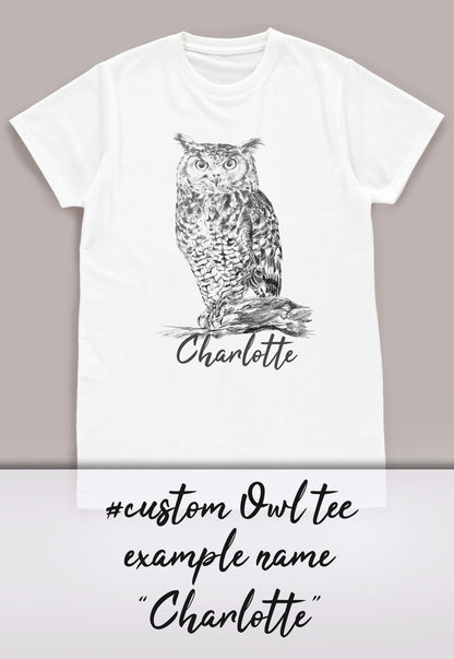 Custom Name Owl T Shirt Personalized Your Text Artist Pencil Sketch Drawing Art Bird Vegan Animal Cute Pretty Nature Mens Womens Printed Tee