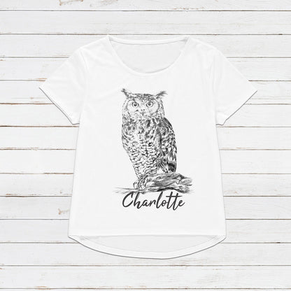 Custom Name Owl T Shirt Personalized Your Text Artist Pencil Sketch Drawing Art Bird Vegan Animal Cute Pretty Nature Mens Womens Printed Tee