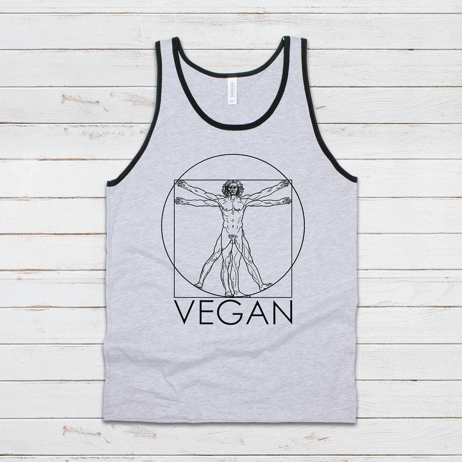 Vegan Tank Top Subtle Understated Da Vinci Vitruvian Man Sketch Drawing Art Geometric AF ALF Animal Rights Mens Womens Printed Vest Cami Tee