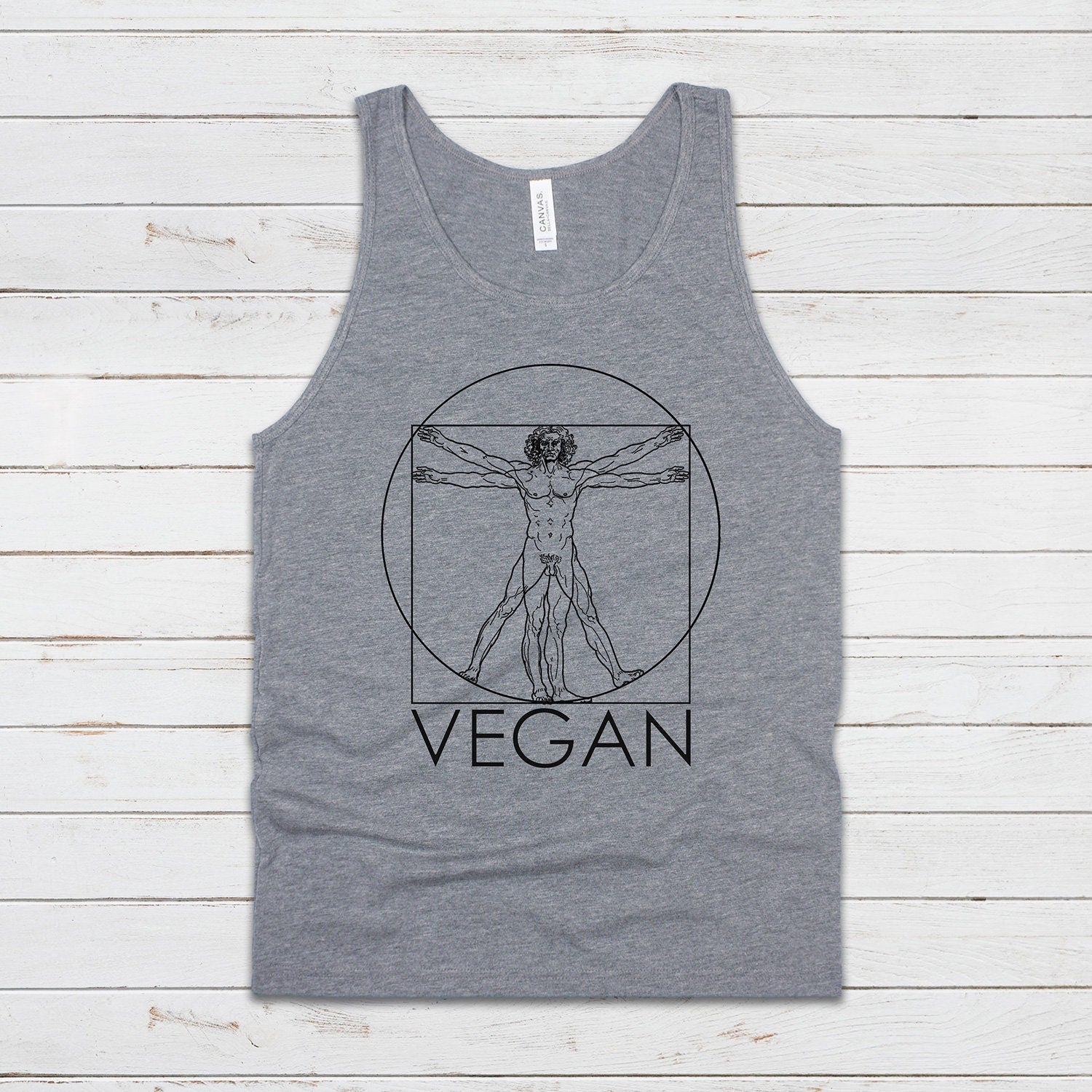 Vegan Tank Top Subtle Understated Da Vinci Vitruvian Man Sketch Drawing Art Geometric AF ALF Animal Rights Mens Womens Printed Vest Cami Tee