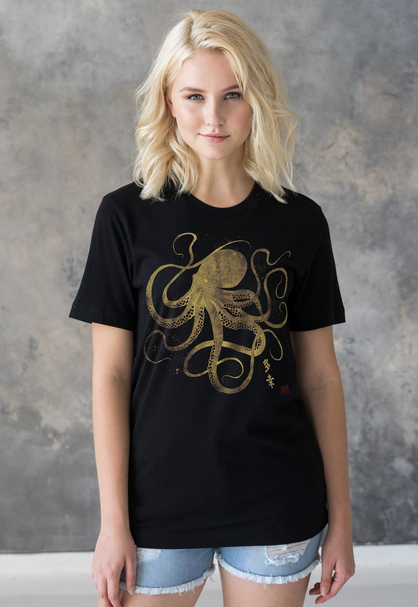Octopus Japanese Calligraphy T Shirt Gyotaku Traditional Ukiyo-e Japan Anime Manga Gold Print Martial Arts Kawaii Womens Mens Printed Tee