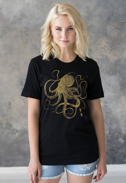 Octopus Japanese Calligraphy T Shirt Gyotaku Traditional Ukiyo-e Japan Anime Manga Gold Print Martial Arts Kawaii Womens Mens Printed Tee