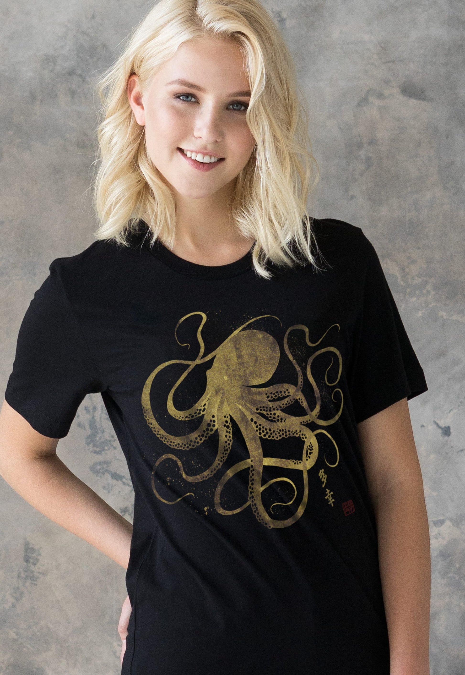 Octopus Japanese Calligraphy T Shirt Gyotaku Traditional Art Japan Anime Manga Gold Print Yoga Martial Arts Samurai Mens Womens Printed Tee