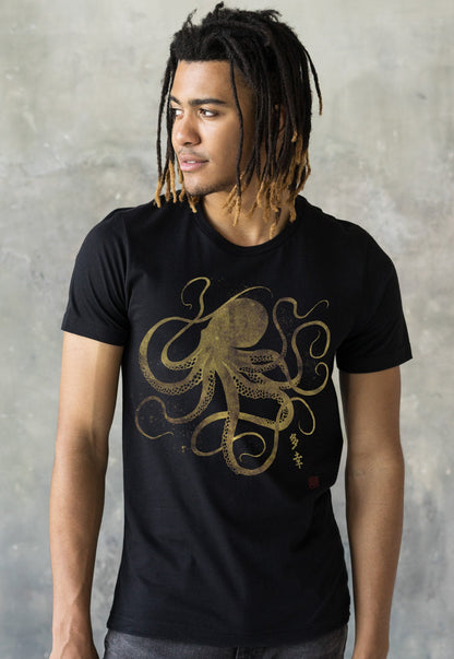 Octopus Japanese Calligraphy T Shirt Gyotaku Traditional Art Japan Anime Manga Gold Print Yoga Martial Arts Samurai Mens Womens Printed Tee