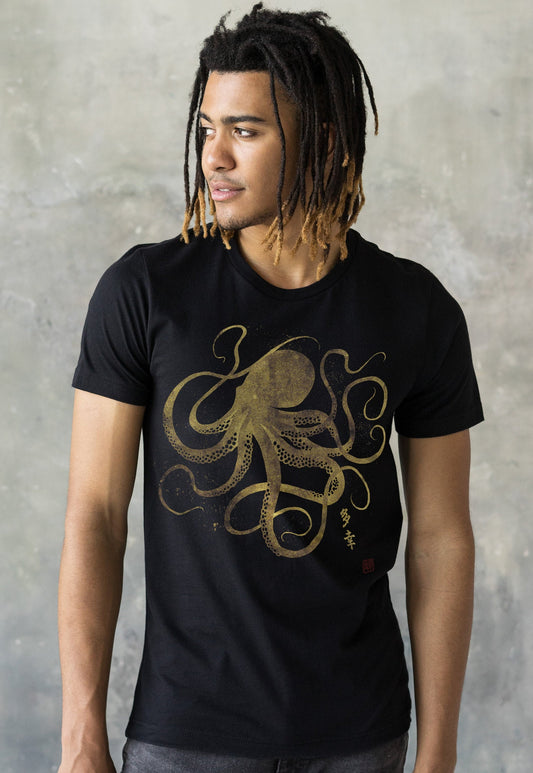 Octopus Japanese Calligraphy T Shirt Gyotaku Traditional Art Japan Anime Manga Gold Print Yoga Martial Arts Samurai Mens Womens Printed Tee