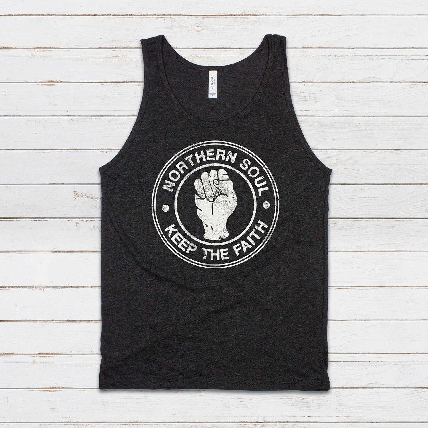 Northern Soul Tank Top Keep The Faith Fist Logo Retro Motown Wigan Casino Mod 60s Cami Women's Men's Printed Retro Ringer Tee T Shirt Vest