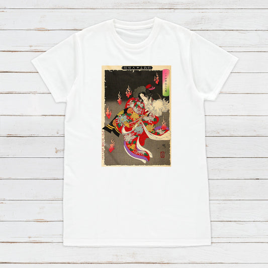 Japanese Ukiyo-e T Shirt Woodblock Art Yoshitoshi Kitsune Fox Ghost Geisha Maiko Princess Japan Calligraphy Womens Mens Graphic Printed Tee