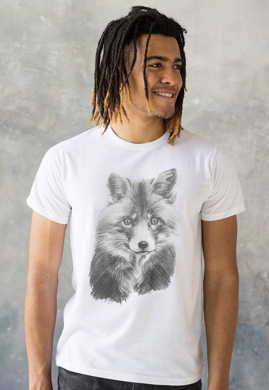 Fox T Shirt Artist Pencil Sketch Drawing Fox Cub Vegan Animal Animals Cute Veggie Forest Nature Men's Women's Unisex Graphic Printed Top Tee