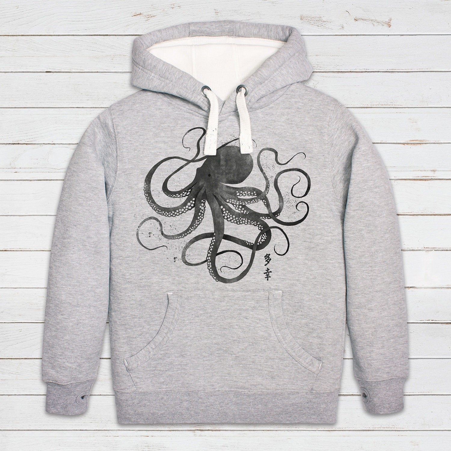 Octopus Japanese Calligraphy Hoodie Gyotaku Traditional Japan Anime Manga Kanji Kyoto Martial Arts Womens Mens Sweatshirt Printed Hooded Top