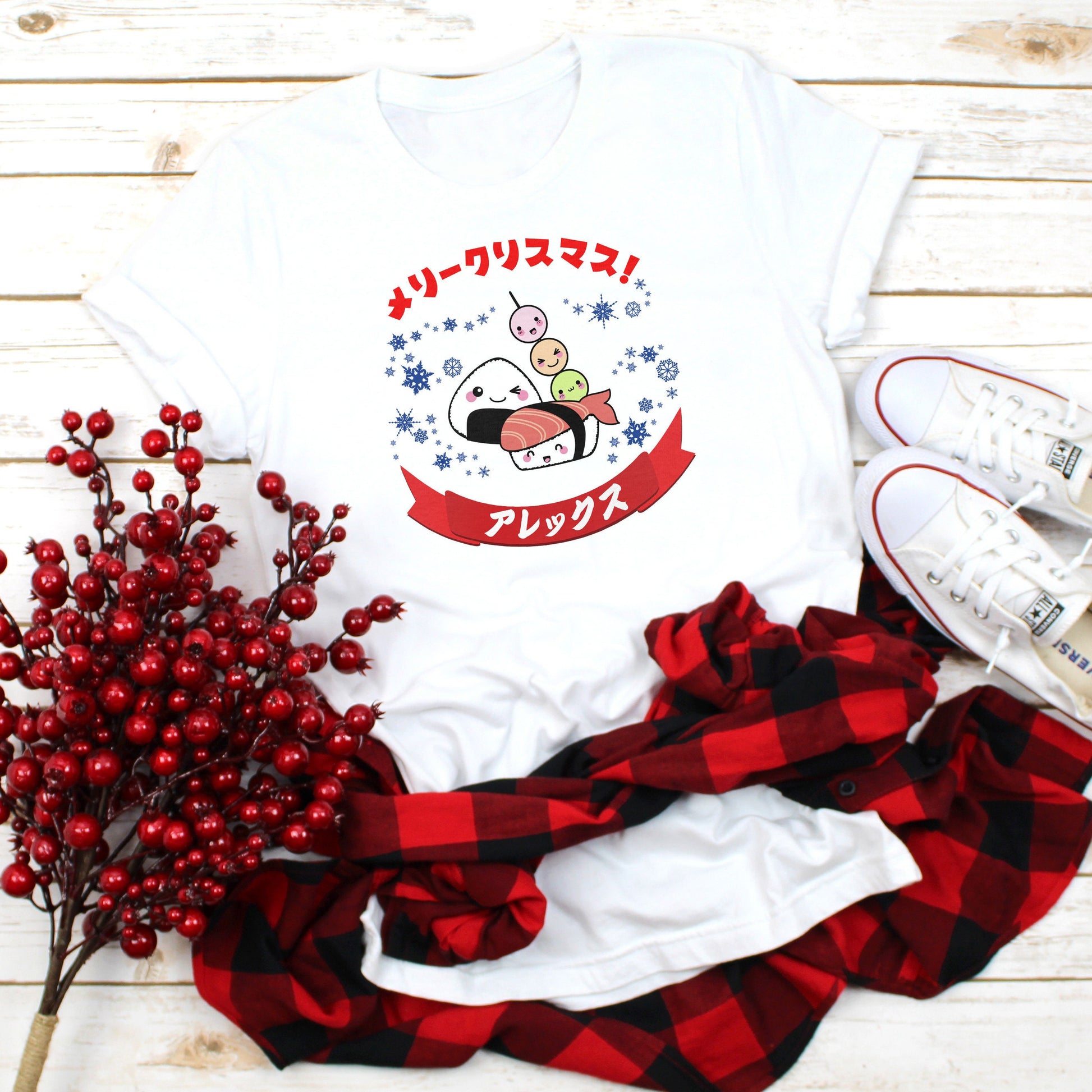 Custom Japanese T Shirt Kawaii Sushi Christmas Calligraphy Your Name Anime Manga Personalised Message Holiday Xmas Cute Women's Men's Tee