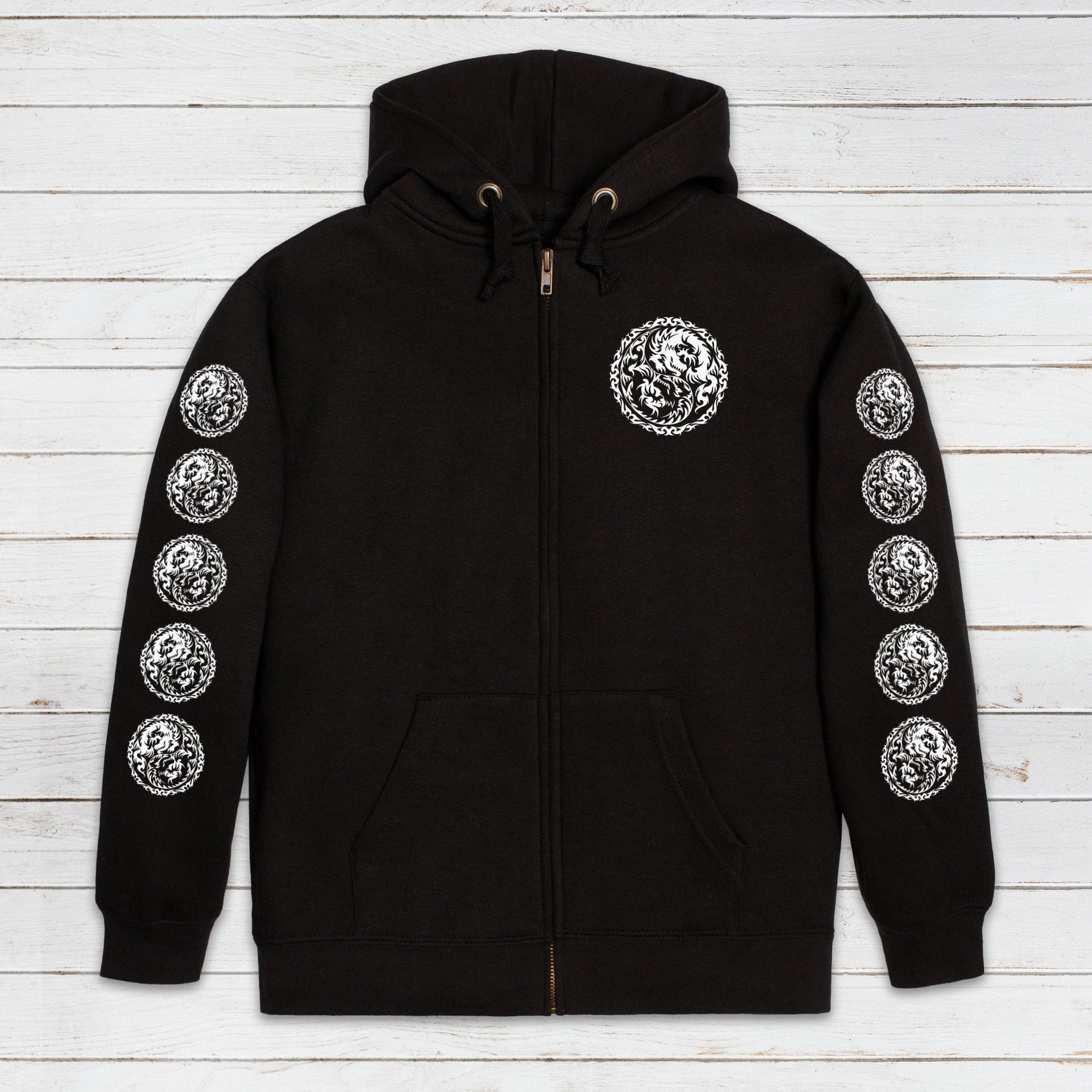 Yin Yang Dragons Zip Up Hoodie - Taoism Chinese Japanese Dragon Taijitu Martial Arts Yoga Tai Chi Mens Womens Sweatshirt Full Zip Hooded Top