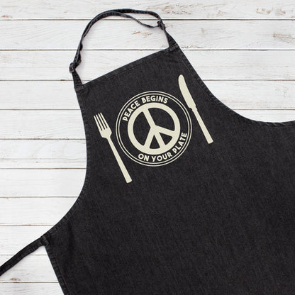 Vegan Apron Peace Begins On Your Plate Veggie Herbivore Peace Sign Logo Slogan Women's Mens One Size Printed Baking Cooking Apron Gift Gifts