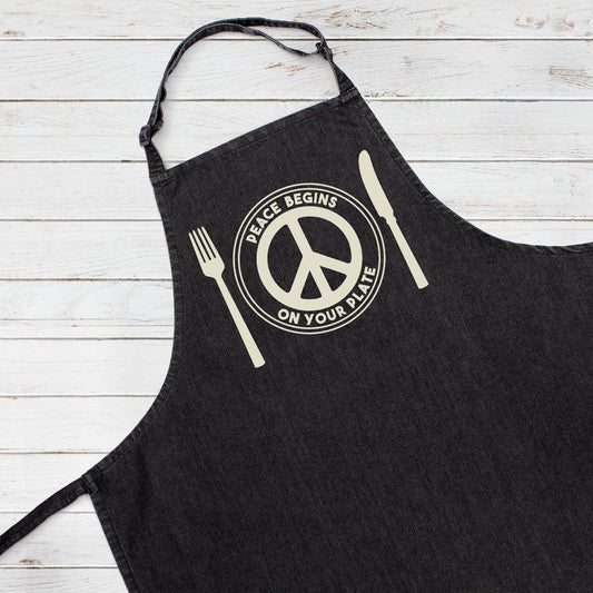 Vegan Apron Peace Begins On Your Plate Veggie Herbivore Peace Sign Logo Slogan Women's Mens One Size Printed Baking Cooking Apron Gift Gifts