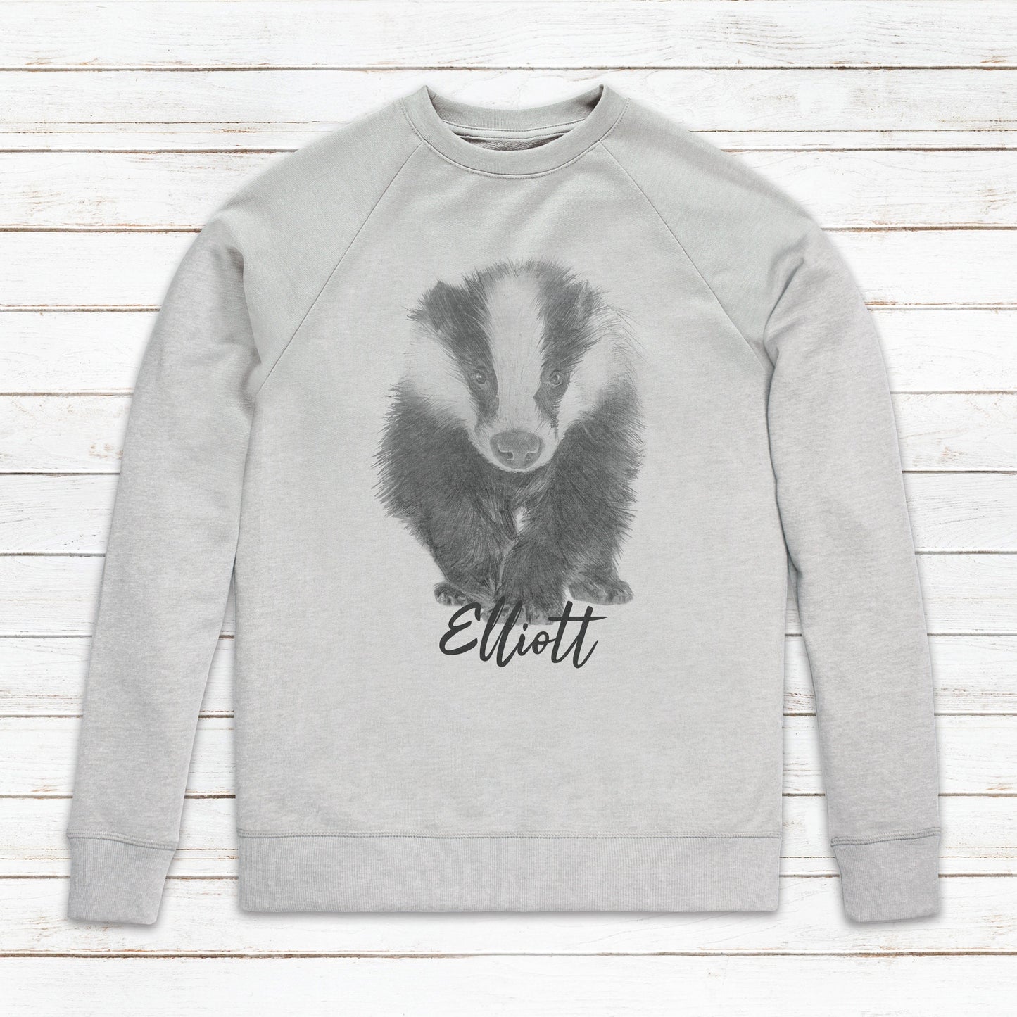 Custom Name Badger Sweatshirt Personalised Your Text Artist Pencil Sketch Drawing Vegan Animal Cute Valentines Gifts Mens Womens Printed