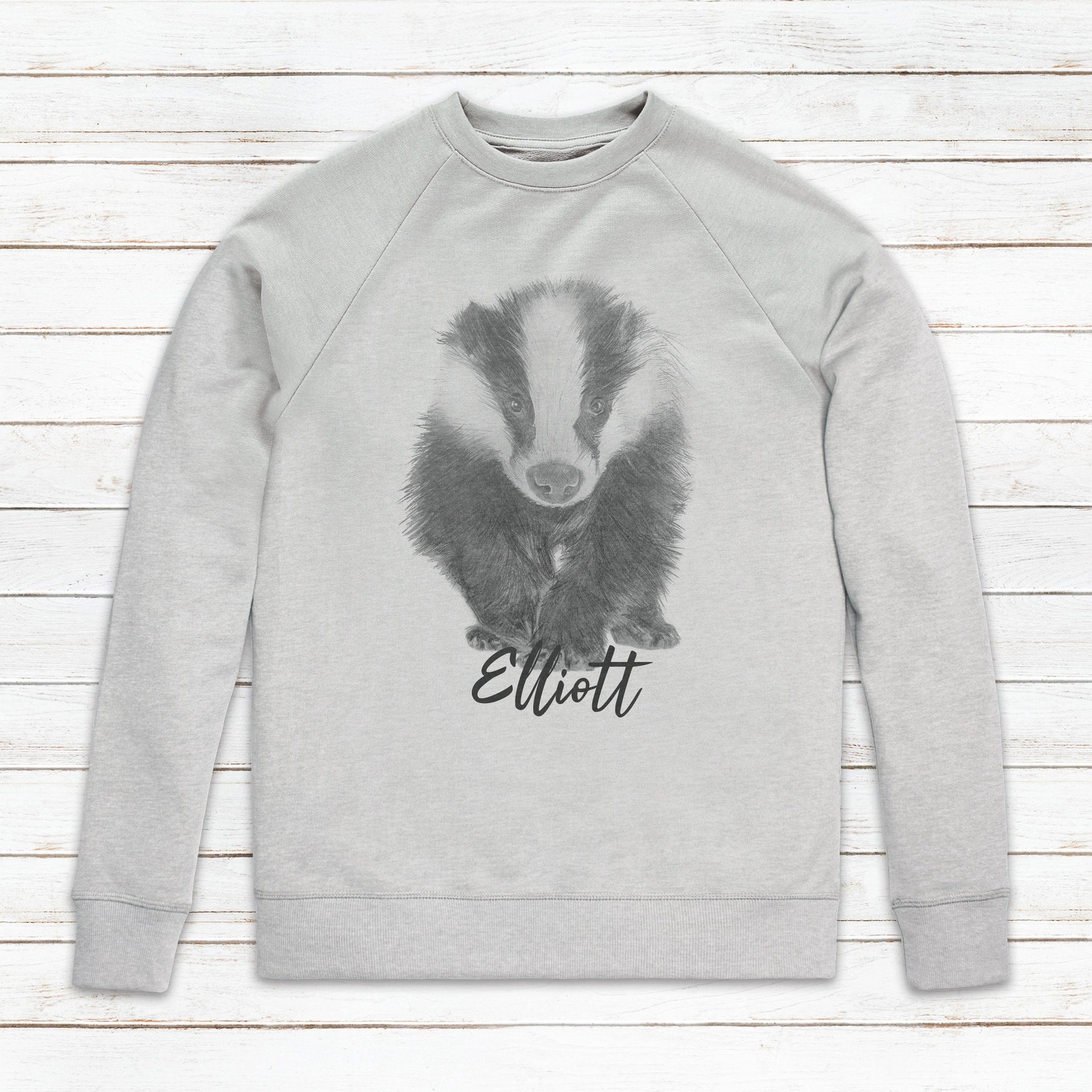 Custom Name Badger Sweatshirt Personalised Your Text Artist Pencil Sketch Drawing Vegan Animal Cute Valentines Gifts Mens Womens Printed