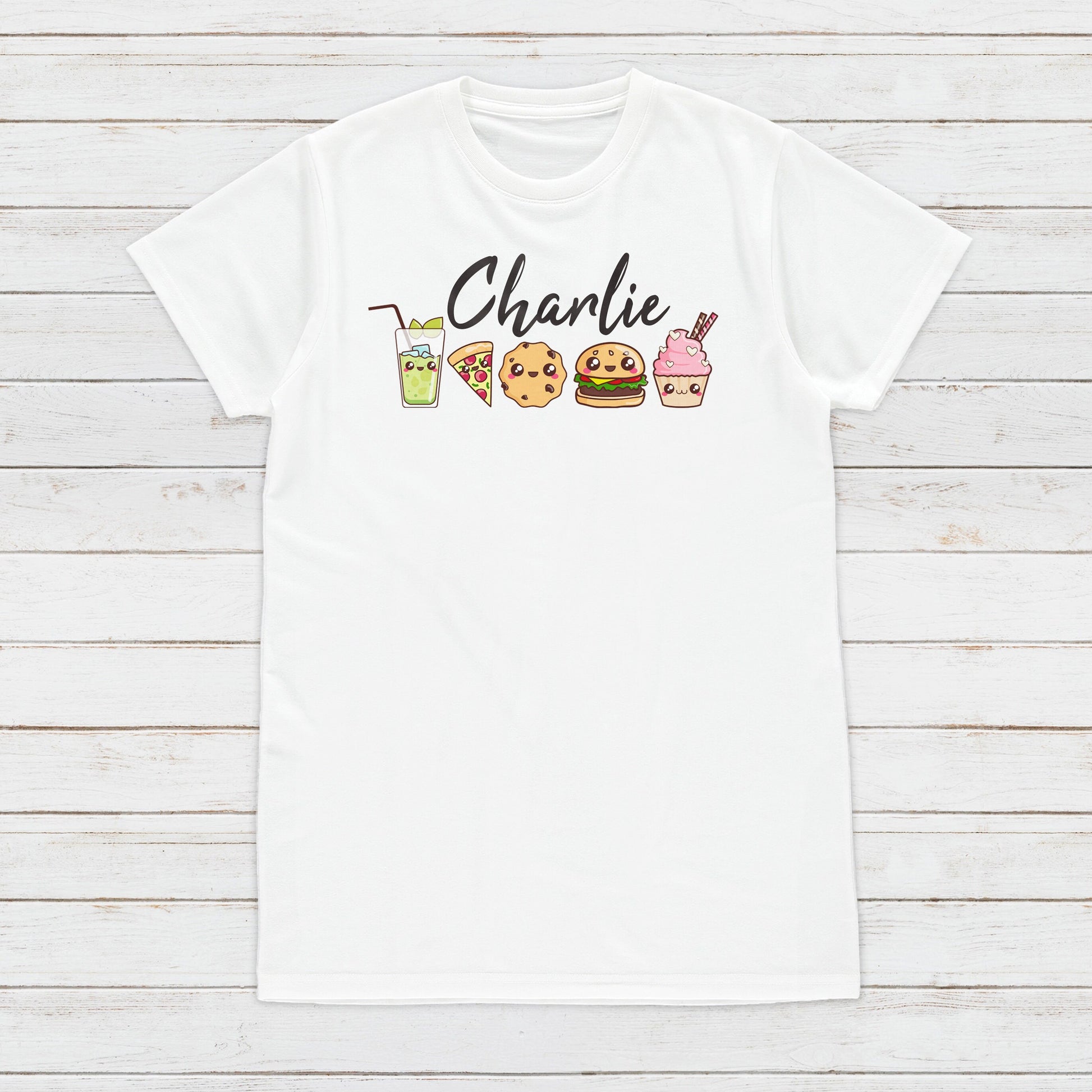 Custom Personalised T Shirt Your Name Text Message Kawaii Print Personalized Cupcake Pizza Cute Calligraphy Womens Mens Graphic Printed Tee