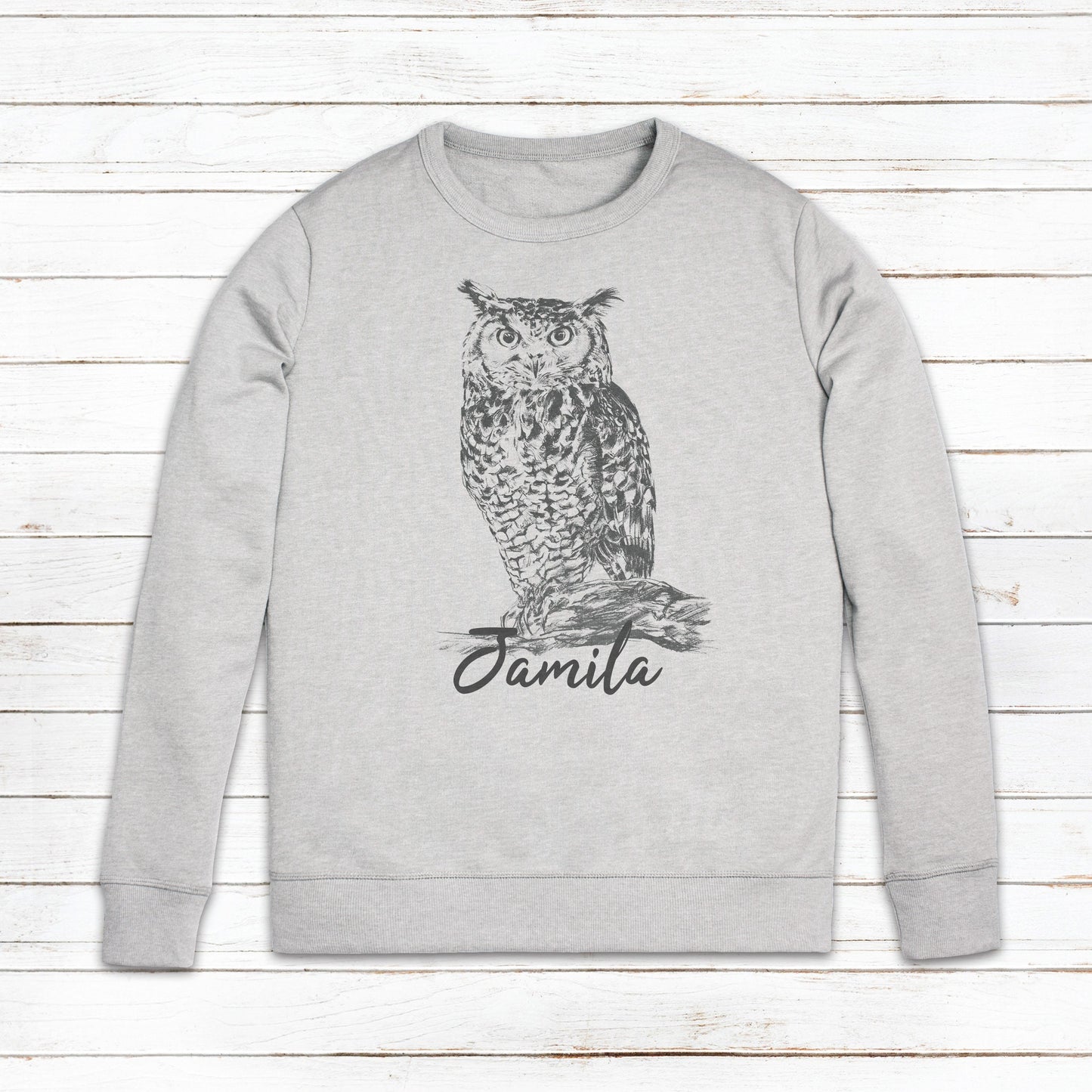 Custom Name Owl Sweatshirt Personalised Your Text Artist Pencil Sketch Drawing Bird Art Vegan Animal Valentines Day Gift Mens Womens Printed