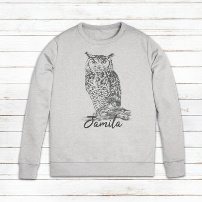 Custom Name Owl Sweatshirt Personalised Your Text Artist Pencil Sketch Drawing Bird Art Vegan Animal Valentines Day Gift Mens Womens Printed