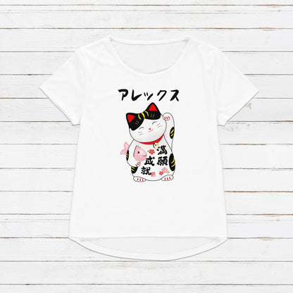Custom Personalised T Shirt Japanese Lucky Cat Maneki Neko Kawaii Personalized Your Name Text Japan Cute Womens Mens Graphic Printed Tee Top