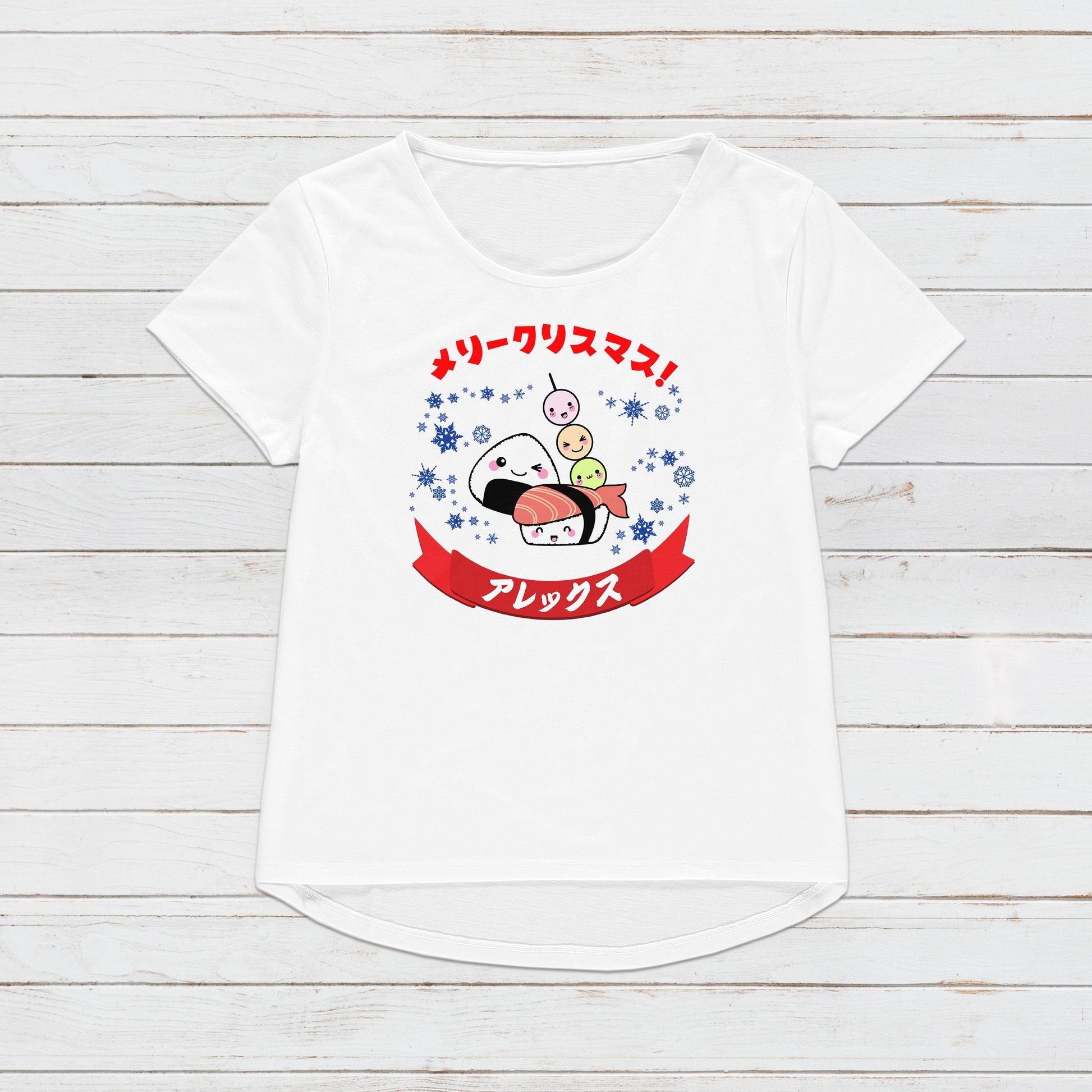 Custom Japanese T Shirt Kawaii Sushi Christmas Calligraphy Your Name Anime Manga Personalised Message Holiday Xmas Cute Women's Men's Tee