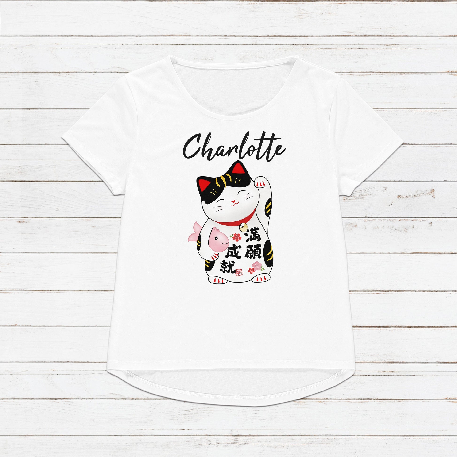 Custom Personalised T Shirt Japanese Lucky Cat Maneki Neko Kawaii Personalized Your Name Anime Text Customised Cute Womens Mens Printed Tee