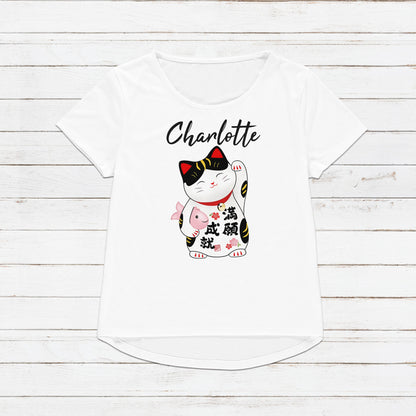 Custom Personalised T Shirt Japanese Lucky Cat Maneki Neko Kawaii Personalized Your Name Anime Text Customised Cute Womens Mens Printed Tee