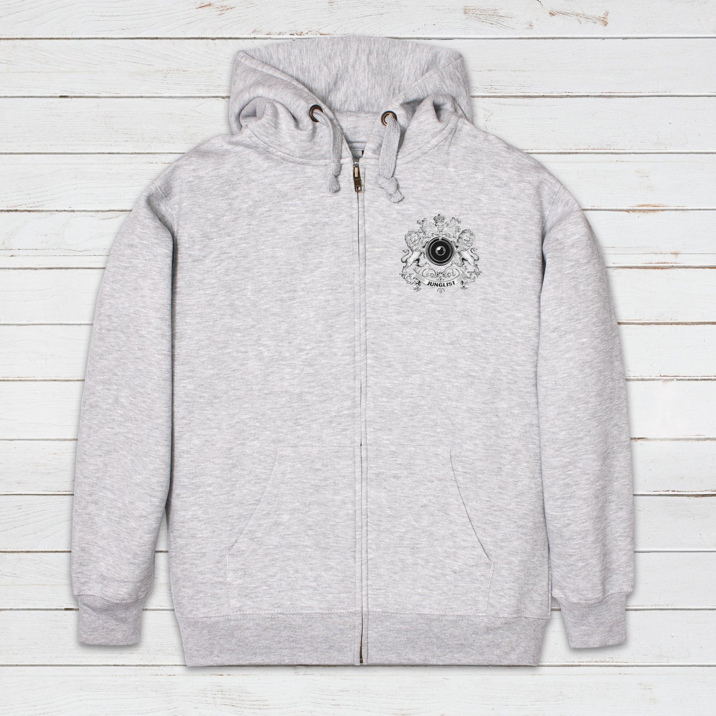 Junglist Coat Of Arms Logo Zip Up Hoodie Jungle Crest Drum and Bass & Synth Music Producer Sweatshirt Gifts for Men Mens Womens Hooded Top