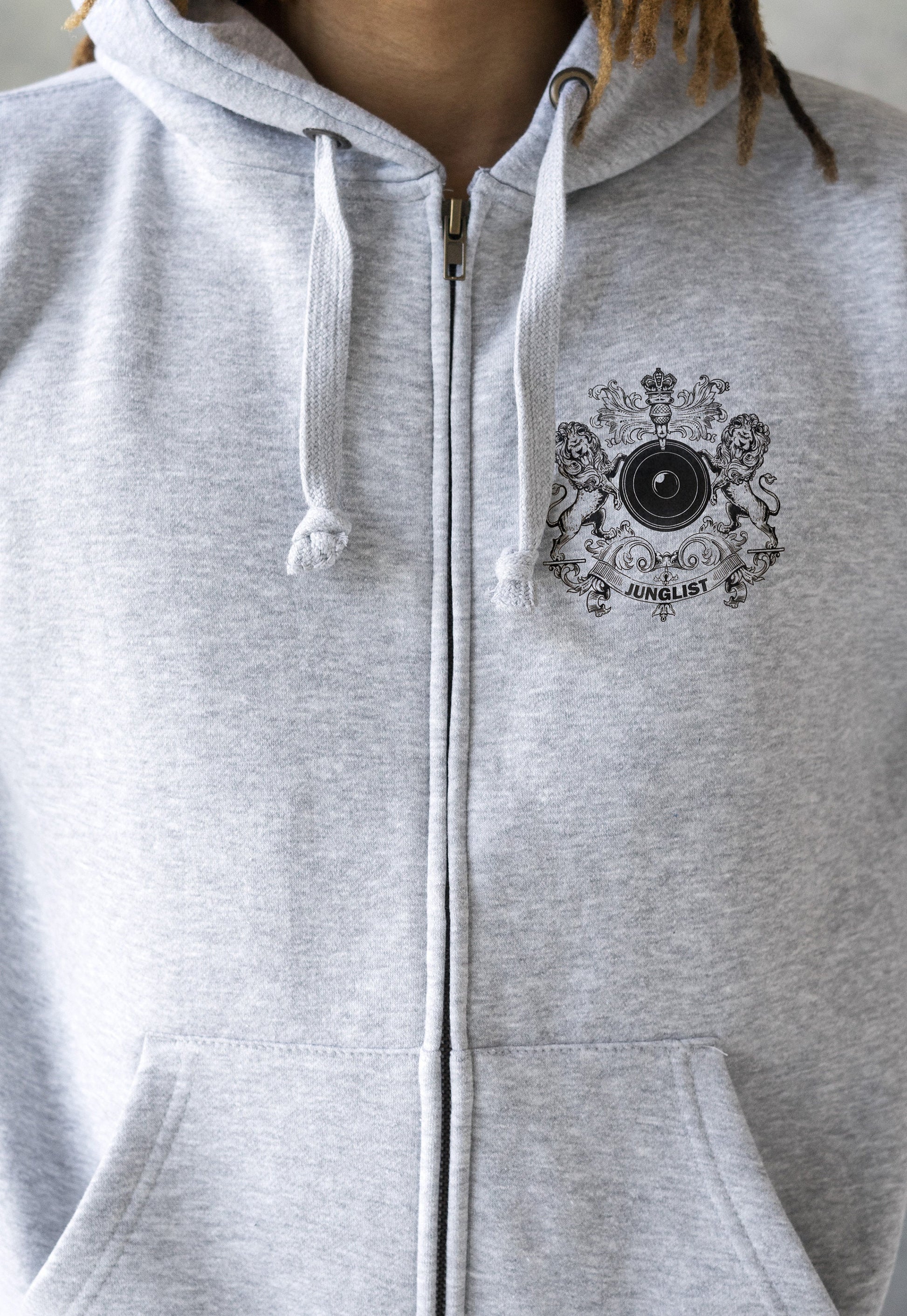 Junglist Coat Of Arms Logo Zip Up Hoodie Jungle Crest Drum and Bass & Synth Music Producer Sweatshirt Gifts for Men Mens Womens Hooded Top