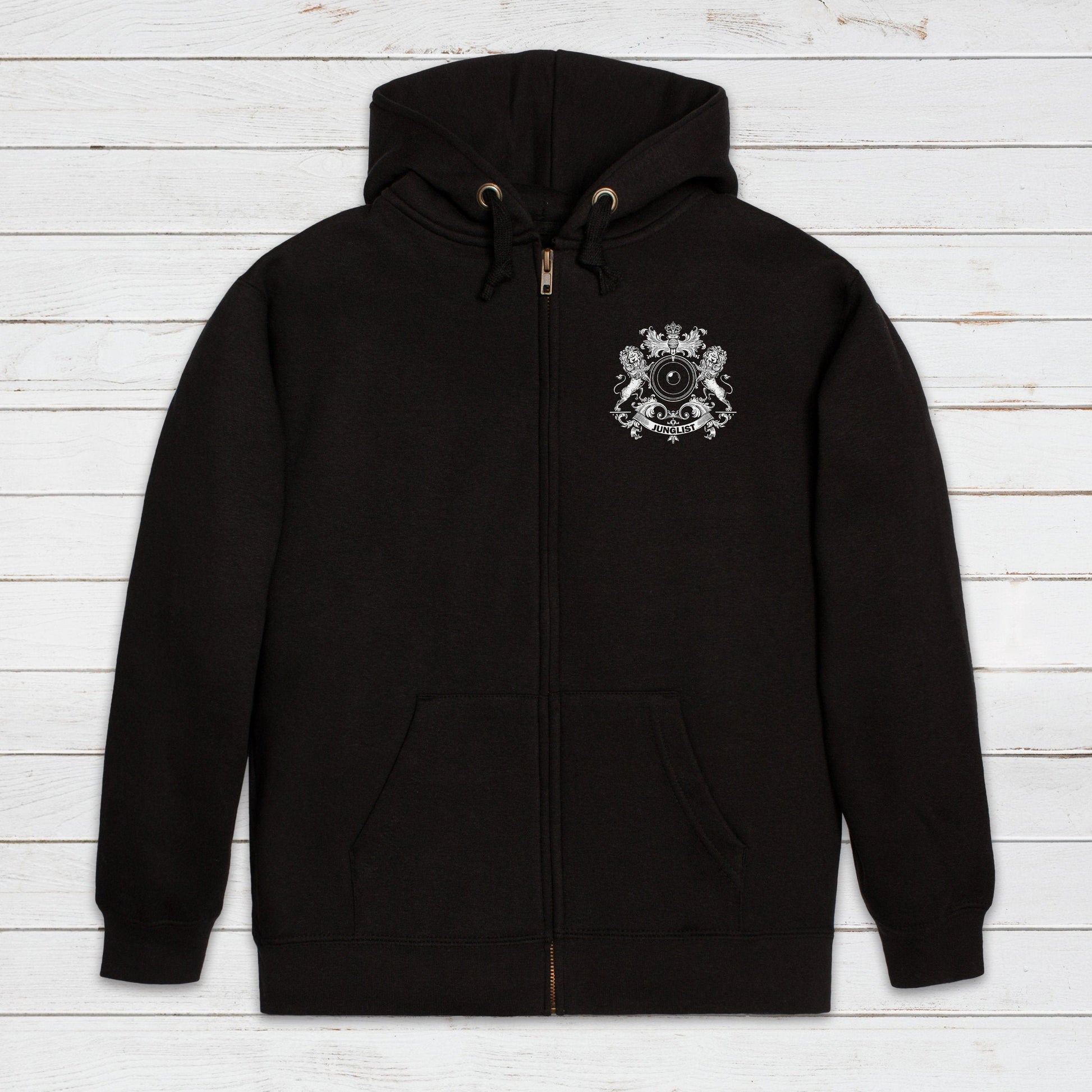 Junglist Coat Of Arms Logo Zip Up Hoodie Jungle Crest Drum and Bass & Synth Music Producer Sweatshirt Gifts for Men Mens Womens Hooded Top