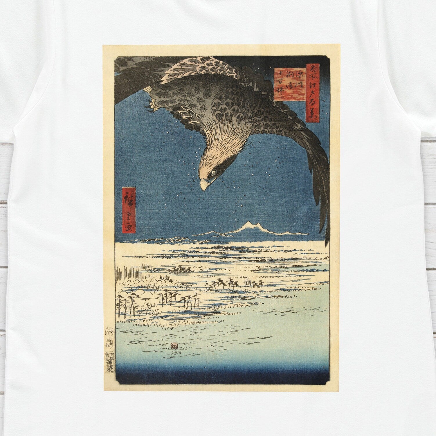 Japanese Ukiyo-e T Shirt Woodblock Art Utagawa Hiroshige Japan Hawk Falcon Traditional Kanji Calligraphy Womens Mens Graphic Printed Tee Top