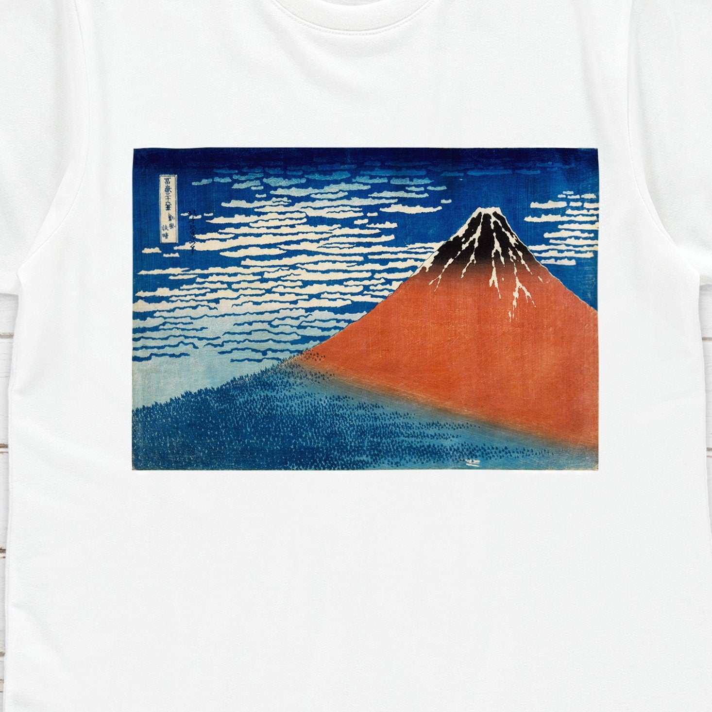 Japanese Ukiyo-e T Shirt Woodblock Art Hokusai Mount Red Fuji Gaifu Kaisei Print Japan Kanji Calligraphy Womens Mens Graphic Printed Tee