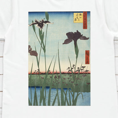 Japanese Ukiyo-e T Shirt Woodblock Art Hiroshige Iris Garden Flowers Print Japan Kanji Calligraphy Gifts Womens Mens Graphic Printed Tee Top