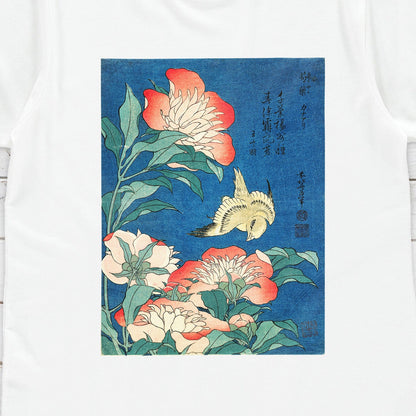 Japanese Ukiyo-e T Shirt Woodblock Art Hokusai Flowers Peonies Bird Japan Traditional Kanji Calligraphy Cute Womens Mens Graphic Printed Tee