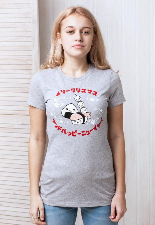 Japanese Christmas T Shirt Kawaii Sushi Xmas Party New Year Snowflake Aesthetic Anime Manga Kawaii Gift Printed Ladies Girls Women's Tee