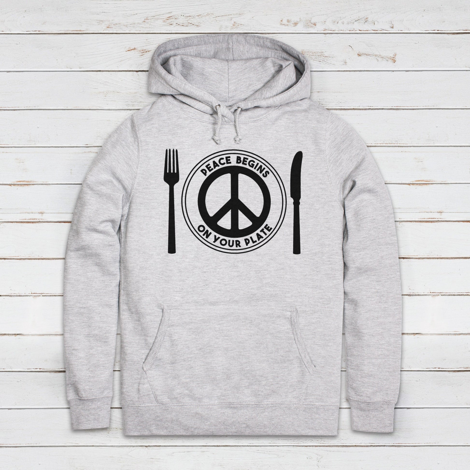 Vegan Hoodie Peace Begins On Your Plate Plant Based Sign Logo Animal Rights Planet Earth Womens Girls Printed Hooded Top Jumper Sweatshirt