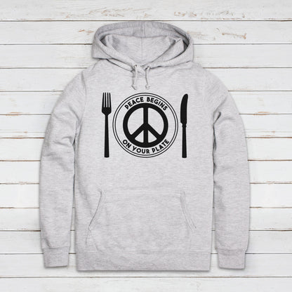 Vegan Hoodie Peace Begins On Your Plate Plant Based Sign Logo Animal Rights Planet Earth Womens Girls Printed Hooded Top Jumper Sweatshirt