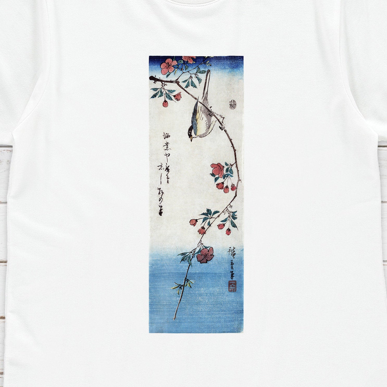 Japanese Ukiyo-e T Shirt Woodblock Art Hiroshige Flowers Bird Sakura Japan Traditional Kanji Calligraphy Womens Mens Graphic Printed Tee