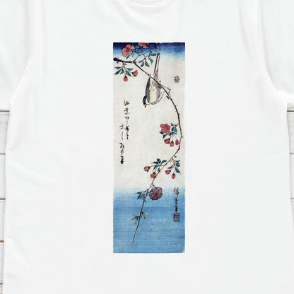 Japanese Ukiyo-e T Shirt Woodblock Art Hiroshige Flowers Bird Sakura Japan Traditional Kanji Calligraphy Womens Mens Graphic Printed Tee