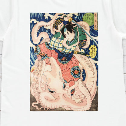 Japanese Ukiyo-e T Shirt Woodblock Art Utagawa Kuniyoshi Samurai Octopus Japan Traditional Kanji Calligraphy Womens Mens Graphic Printed Tee