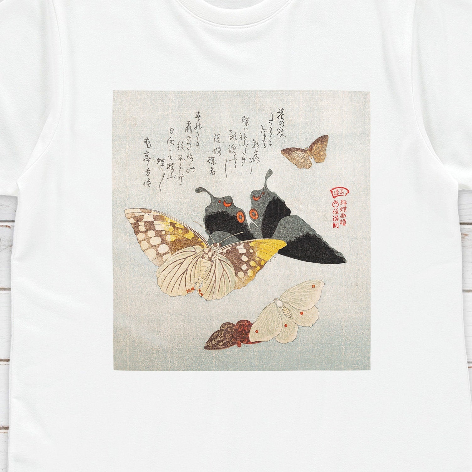 Japanese Ukiyo-e T Shirt Woodblock Art Flowers Butterflies Butterfly Japan Traditional Kanji Calligraphy Womens Mens Graphic Printed Tee Top