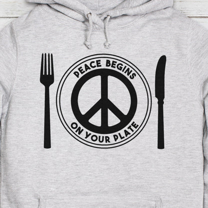 Vegan Hoodie Peace Begins On Your Plate Plant Based Sign Logo Animal Rights Planet Earth Womens Girls Printed Hooded Top Jumper Sweatshirt