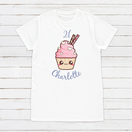 Birthday Custom Name Cupcake T Shirt Kawaii Cute Birthday Cake Personalised Your Message Text Anime Manga Men's Women's Graphic Printed Tee